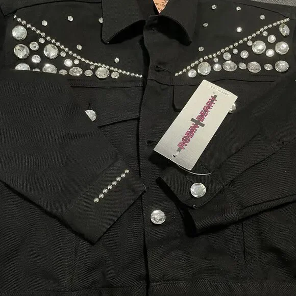 NWT Vintage Robin Berry Denim Jacket Black Rhinestone Small Western Glam USA 90s